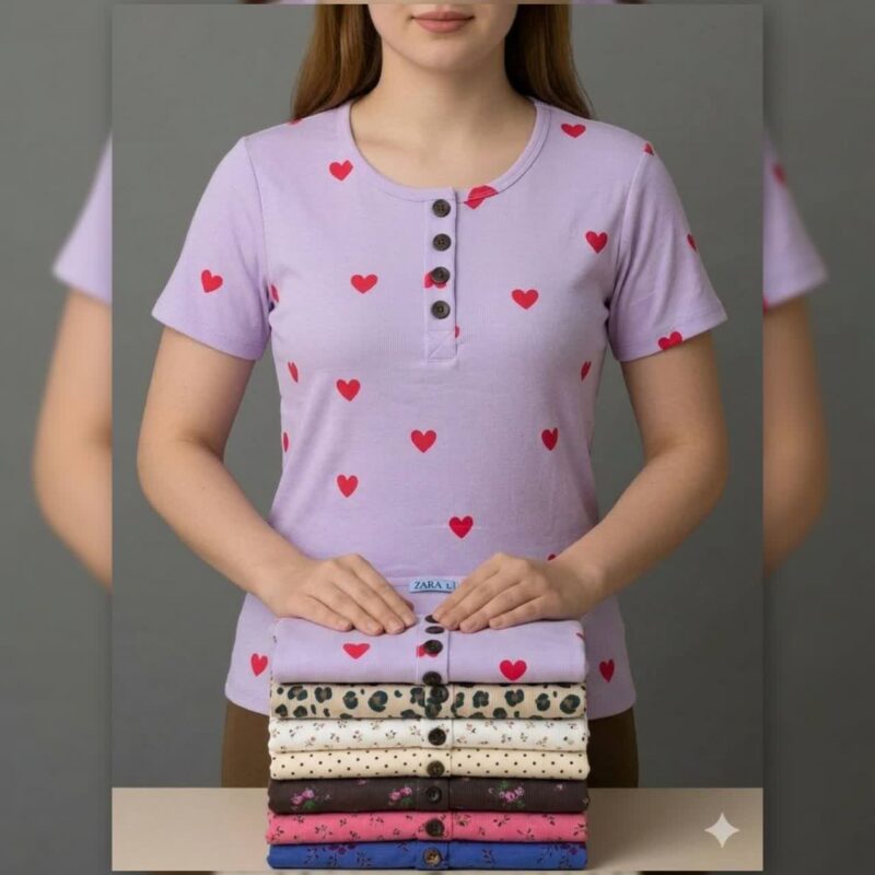 تیشرت یقه گرد ZARA دکمه چوبی عمده (پک 6 عددی)