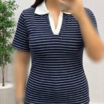 پلوشرت راه راه یقه سفید عمده (پک 6 عددی)